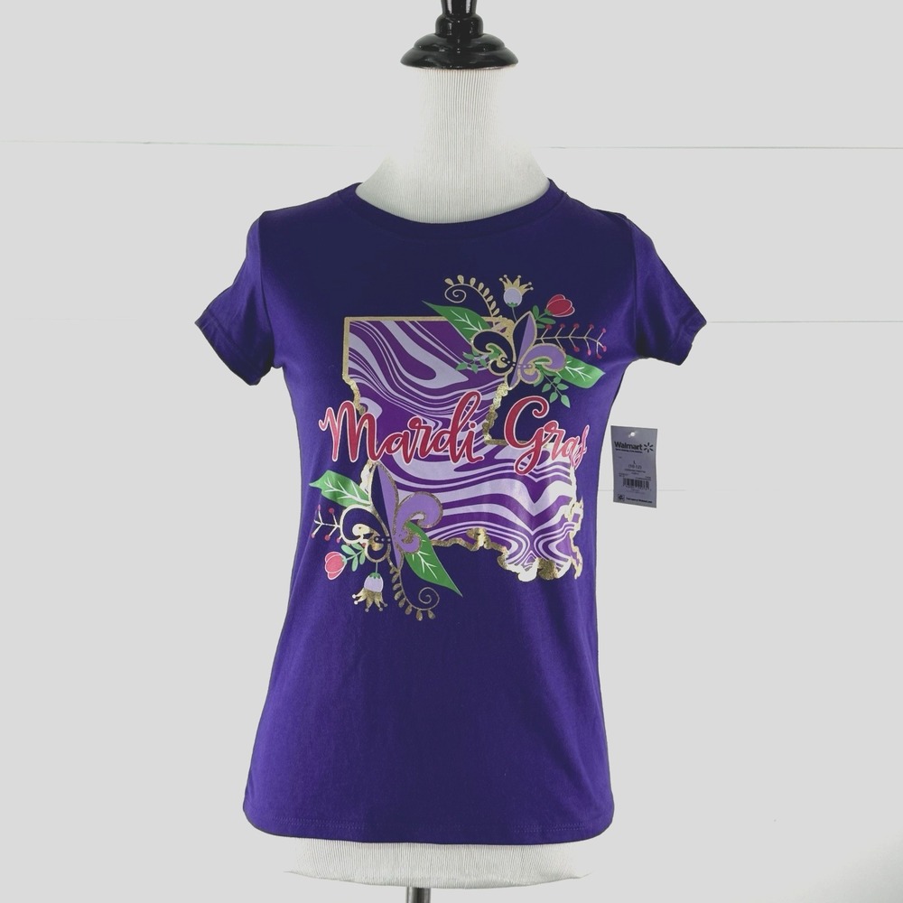 New Mardi Gras Louisiana T Shirt Girl L 10 12 Purple Gold Glitter Cotton Blend
